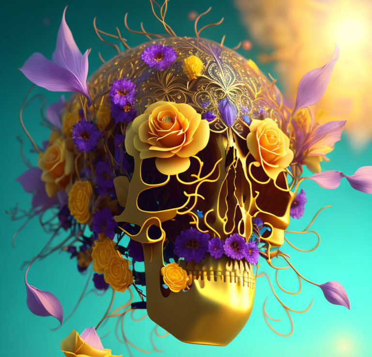 Decorative golden skull with intricate floral elements on teal background