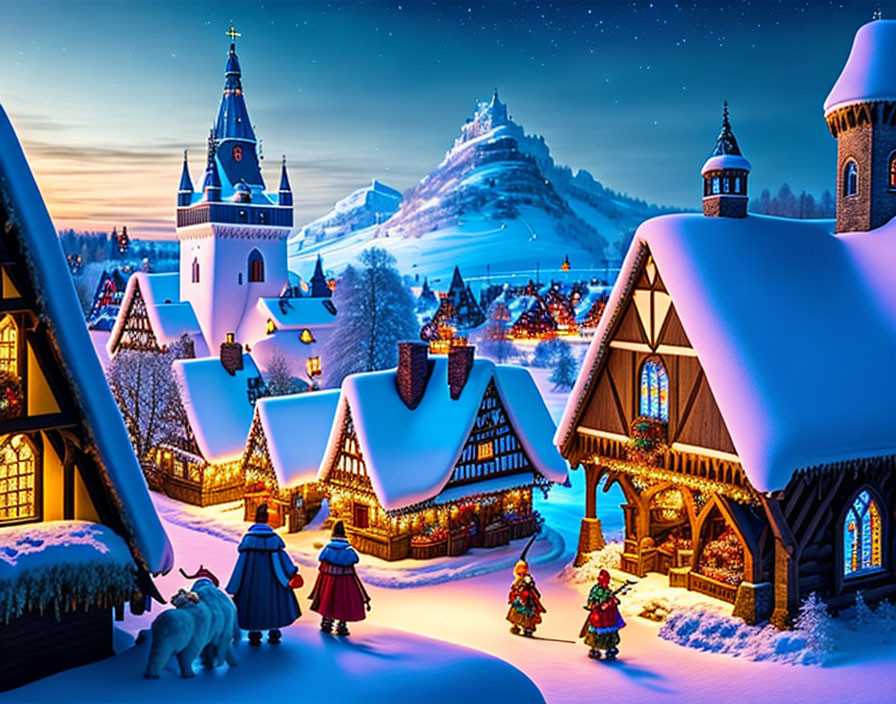 Winter village scene: illuminated houses, snowy mountains, castle, people, and dog.