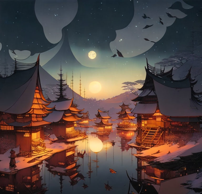 Traditional buildings and river in moonlit night with drifting clouds.