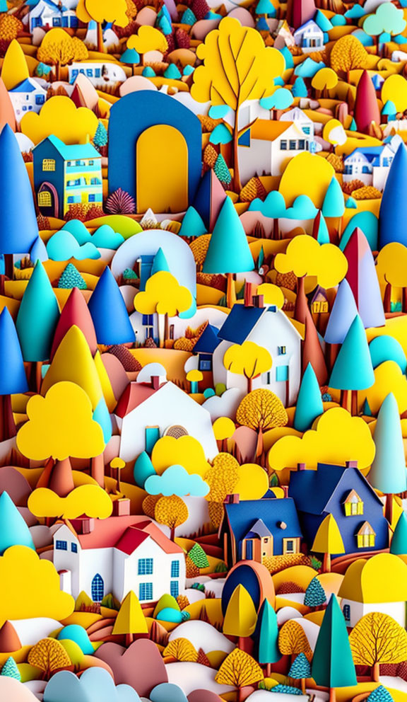 Vibrant Cartoon-Like Landscape with Colorful Houses and Trees