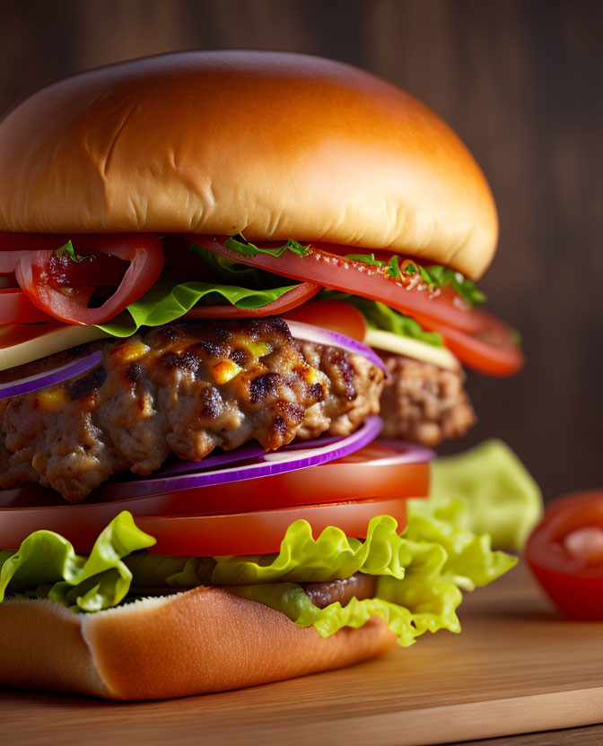 Classic Cheeseburger with Beef Patty, Lettuce, Tomato, Onion, and Cheese on Wooden Surface