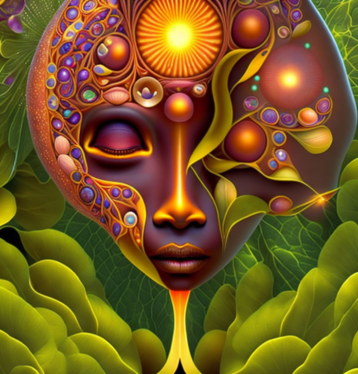 Stylized digital artwork: Glowing face with integrated foliage