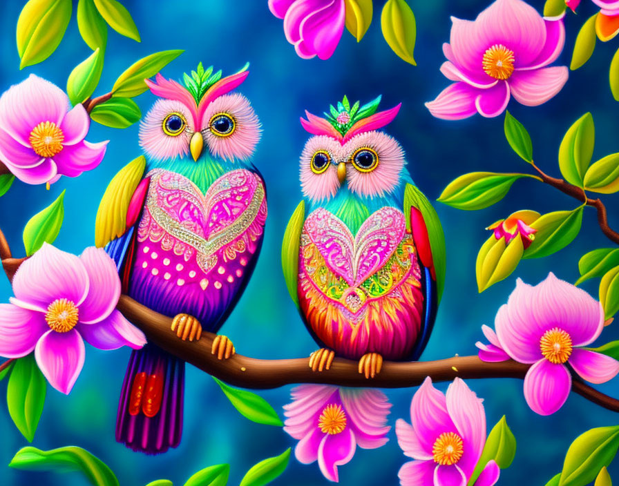 Colorful Stylized Owls on Branch with Pink Flowers and Blue Background