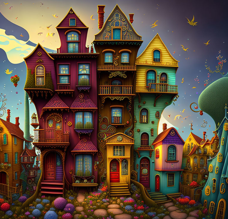 Colorful fantasy house against twilight sky with birds & floating islands