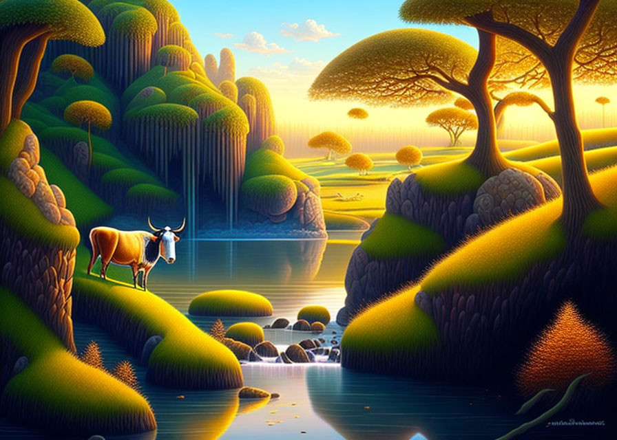 Serene landscape with greenery, lake, cow, and sunlight