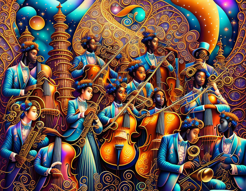 Colorful Artwork: Stylized Figures Playing Instruments in Celestial Setting