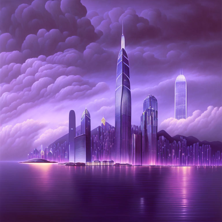 Futuristic city skyline with reflective skyscrapers and neon glow under purple-tinted clouds