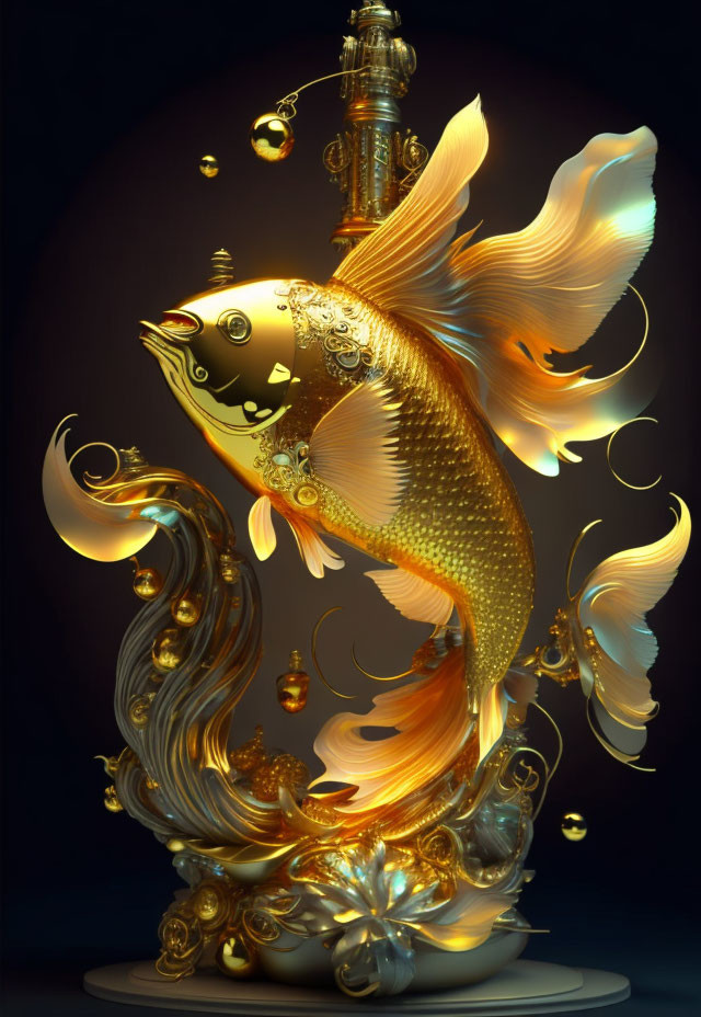 Stylized golden koi fish with ornate fins and swirling elements