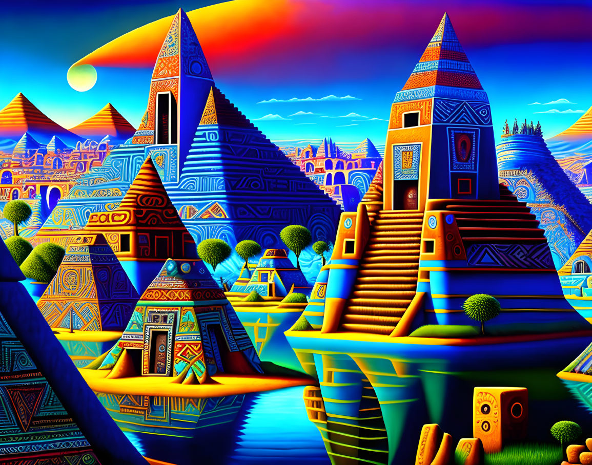 Colorful artwork of imaginative pyramids and structures under a crescent moon