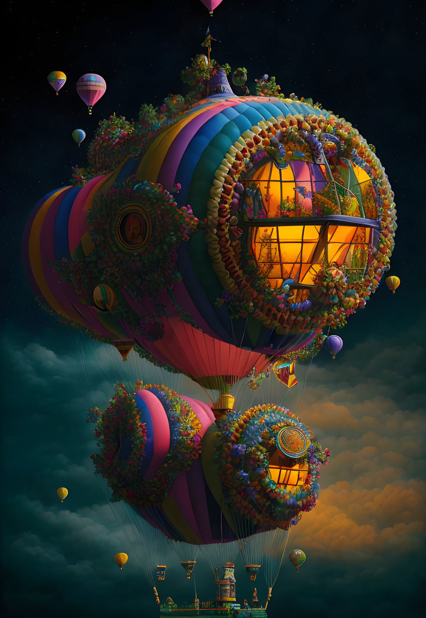 Colorful Hot Air Balloon with Flowers and Lights in Starry Night Sky