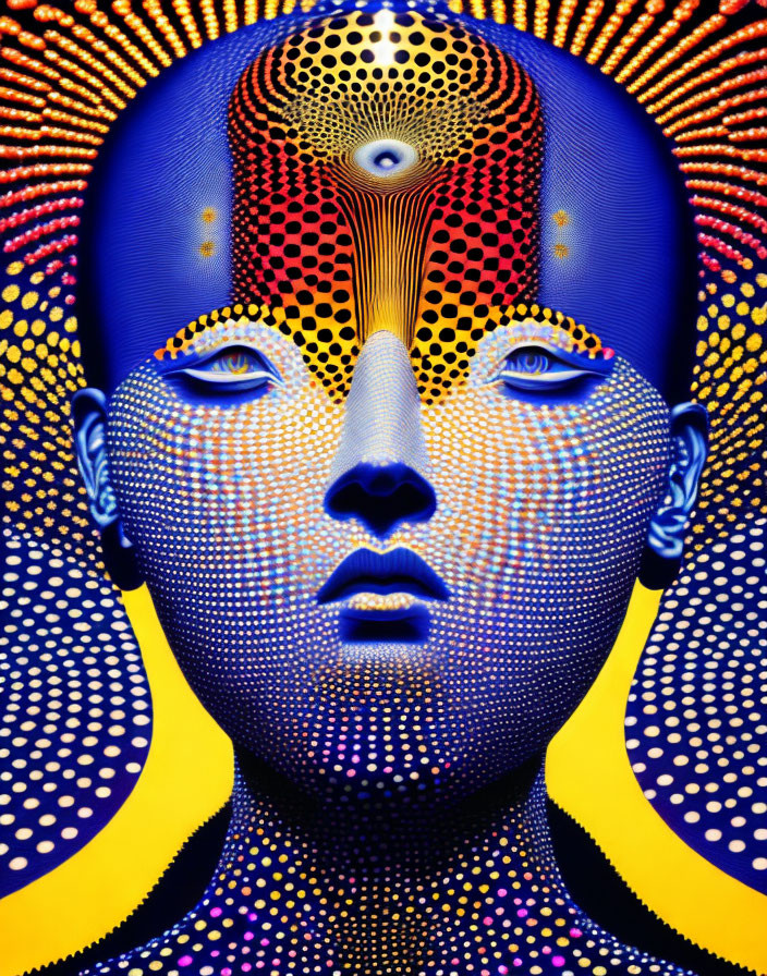 Colorful Digital Artwork Featuring Face with Yellow and Blue Patterns