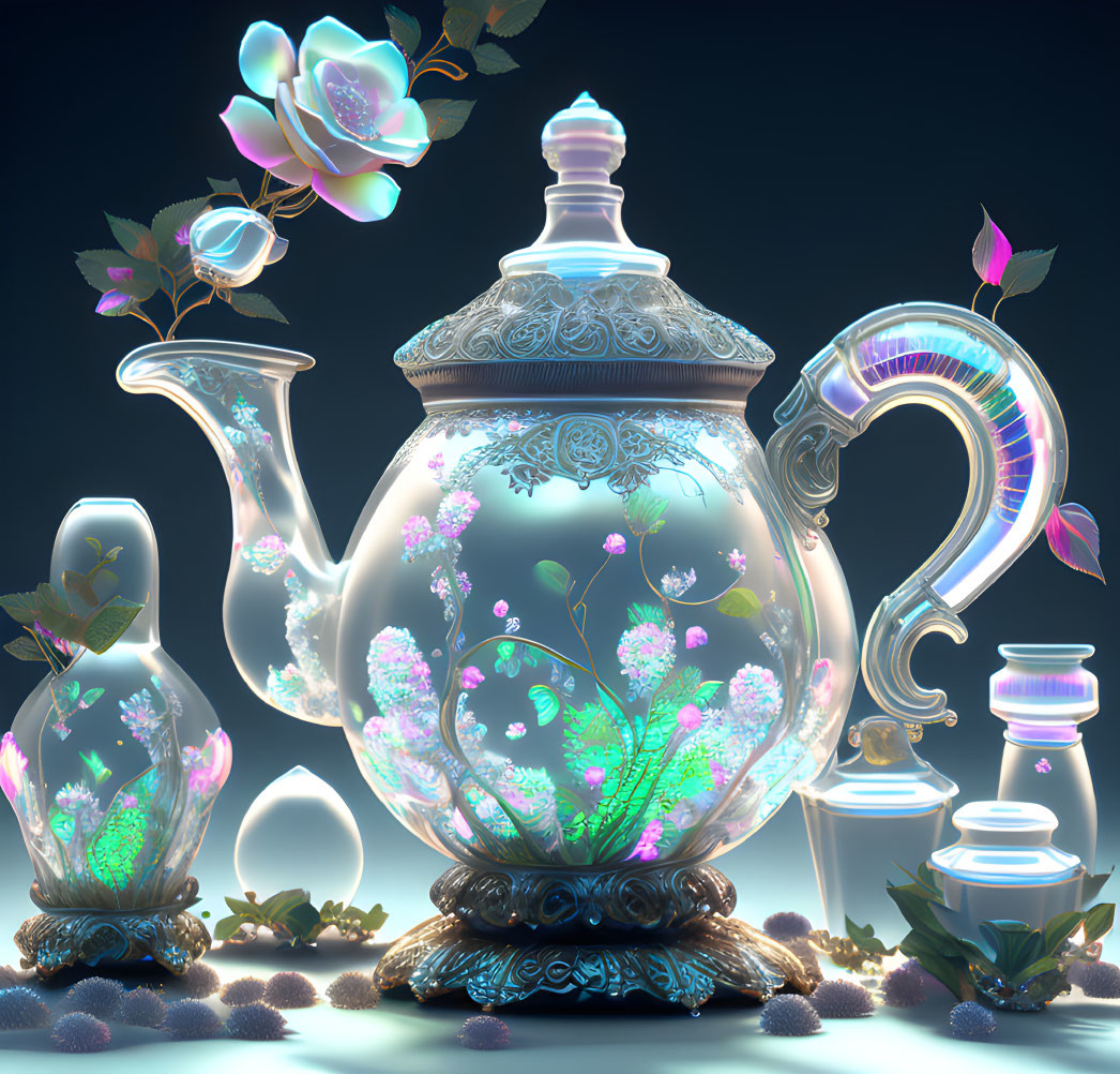 Glass Teapot and Cups with Floral and Faunal Motifs on Luminescent Background