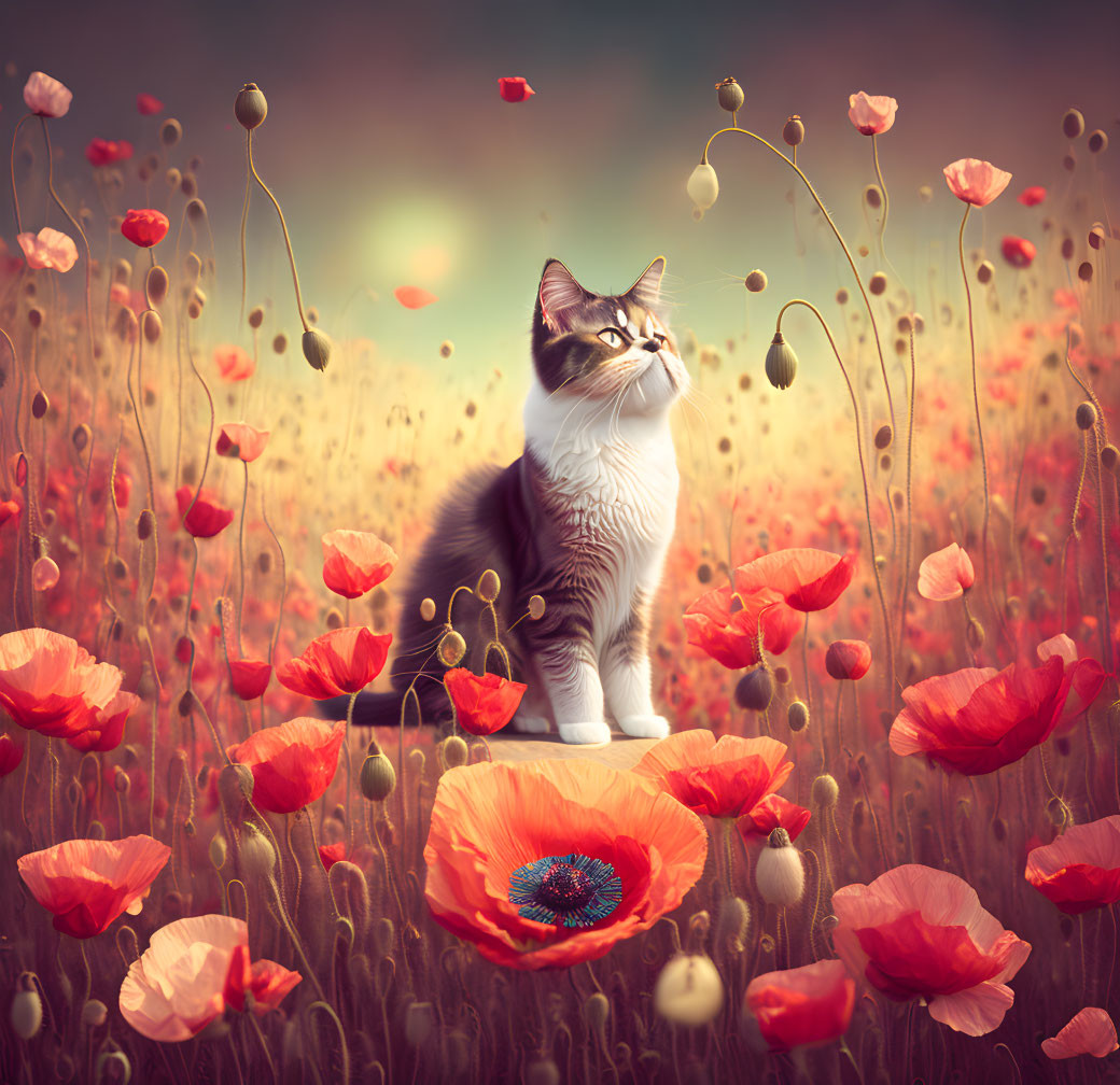 Majestic cat in vibrant field of red poppies