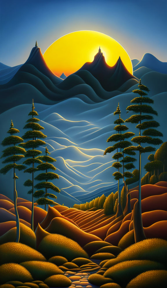 Rolling hills and tall trees in a landscape painting with mountains and a large sun.