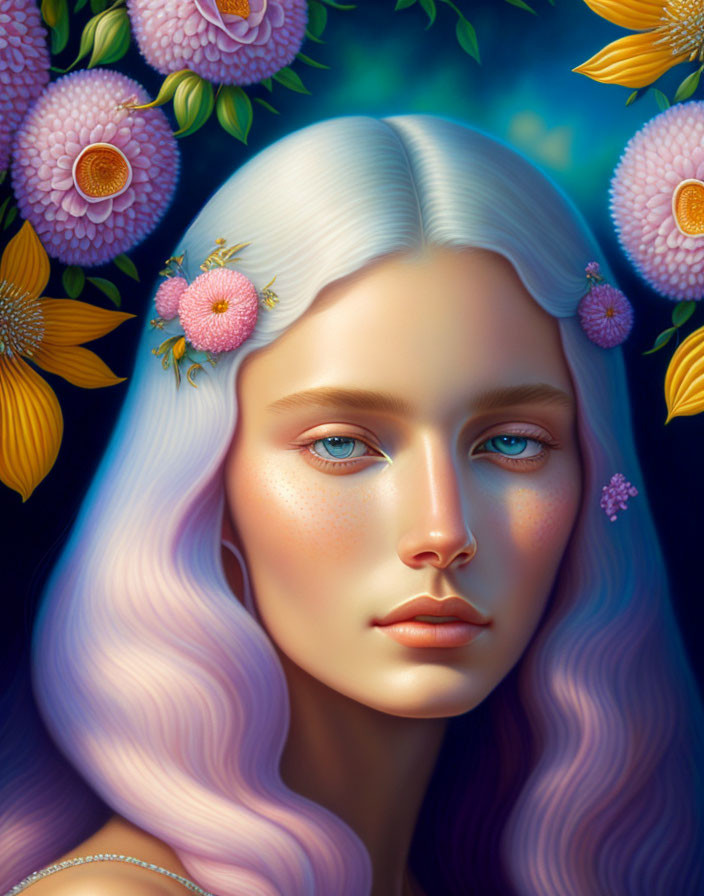 Detailed Digital Portrait: Woman with Pastel Purple Hair and Blue Eyes Among Vibrant Flowers on Dark Blue