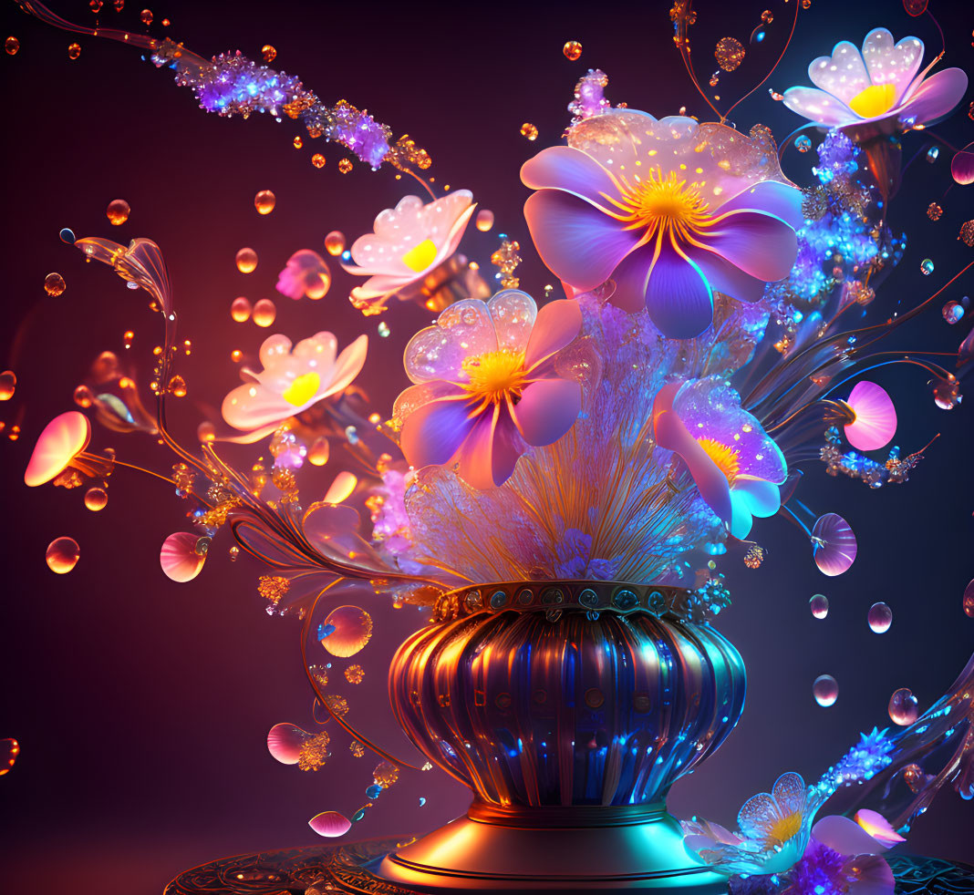 Colorful glowing flowers and sparkles in ornate vase on purple background