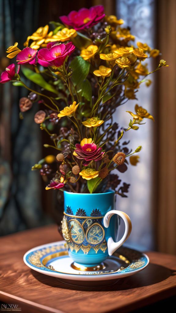 Blue and Gold Teacup with Pink and Yellow Flowers on Wooden Surface