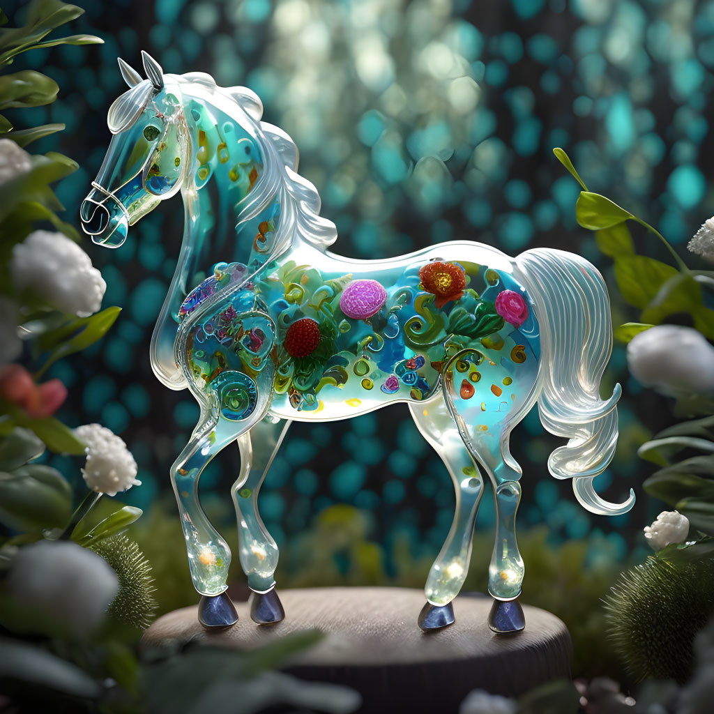 Translucent glass horse with flower and vine patterns in enchanted forest