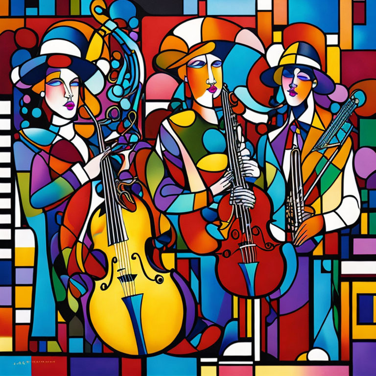 Vibrant Cubist Painting of Three Musicians with Instruments