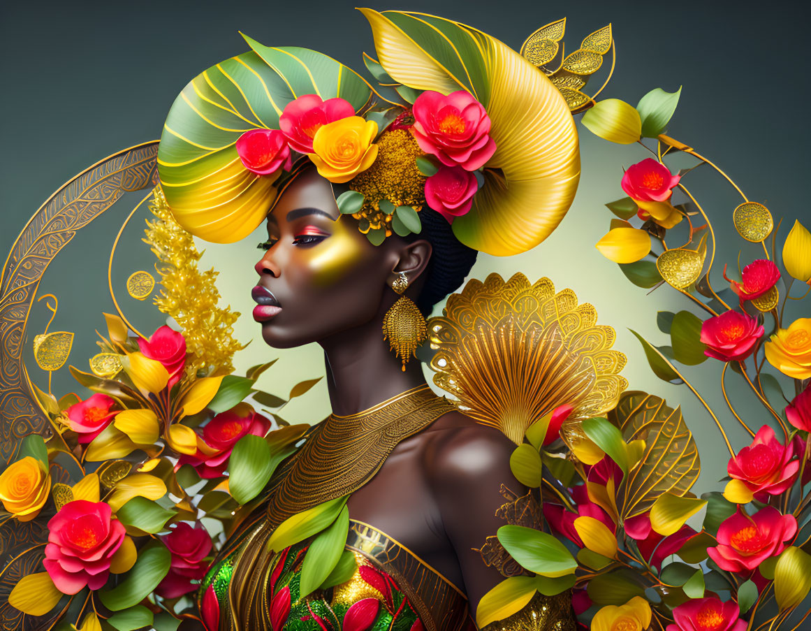 Vibrant floral headdress illustration on dark background