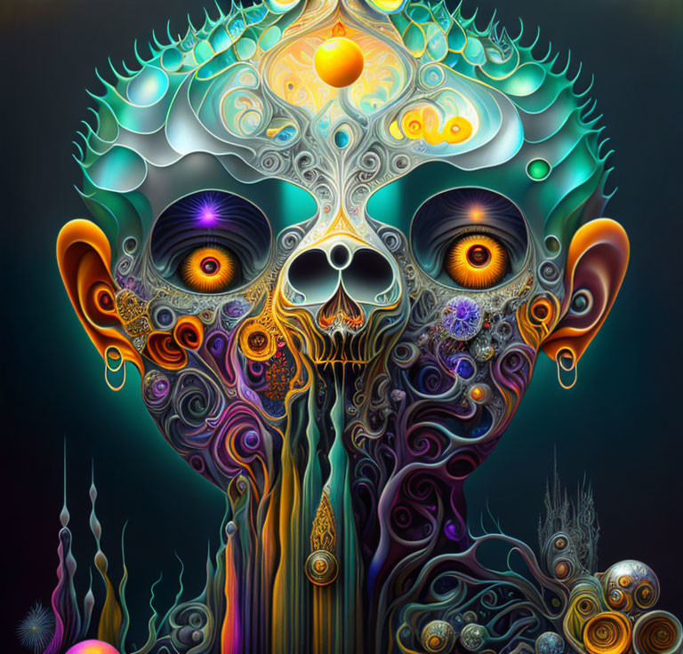 Colorful psychedelic skull art with swirling patterns and floral motifs on dark background