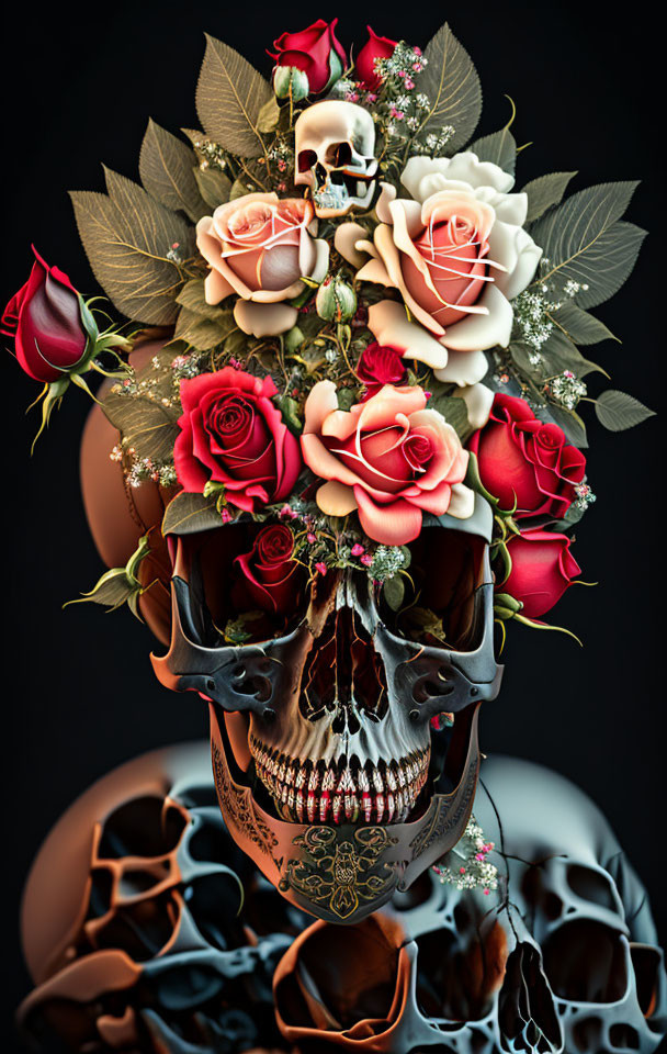 Skull and Rose Digital Art: Mortality and Beauty Theme