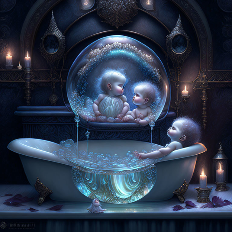 Three Babies in Celestial Bathtub with Candles and Ethereal Decor