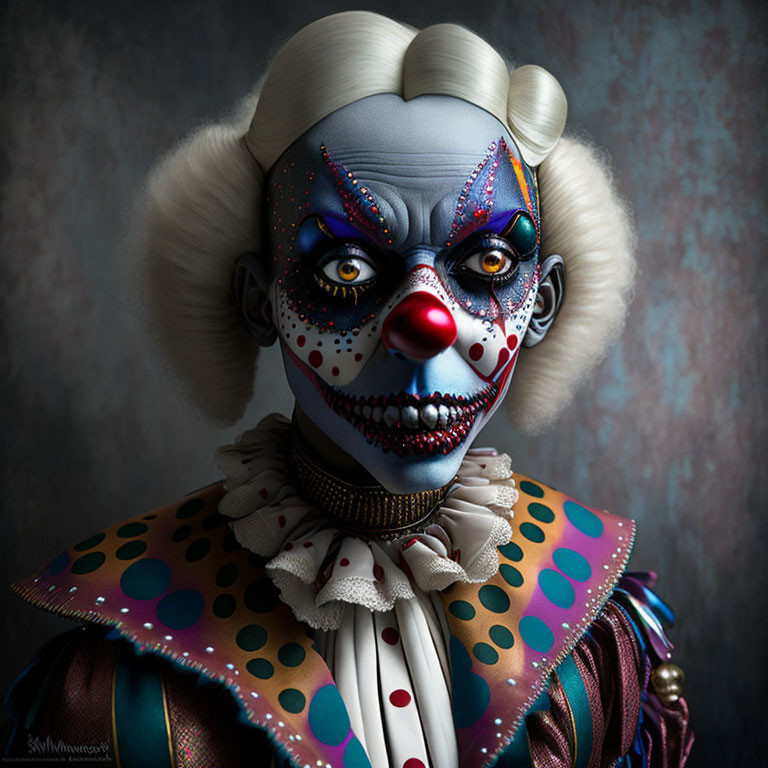 Detailed clown makeup and costume with white face, red nose, dramatic eyes, and ruffled collar