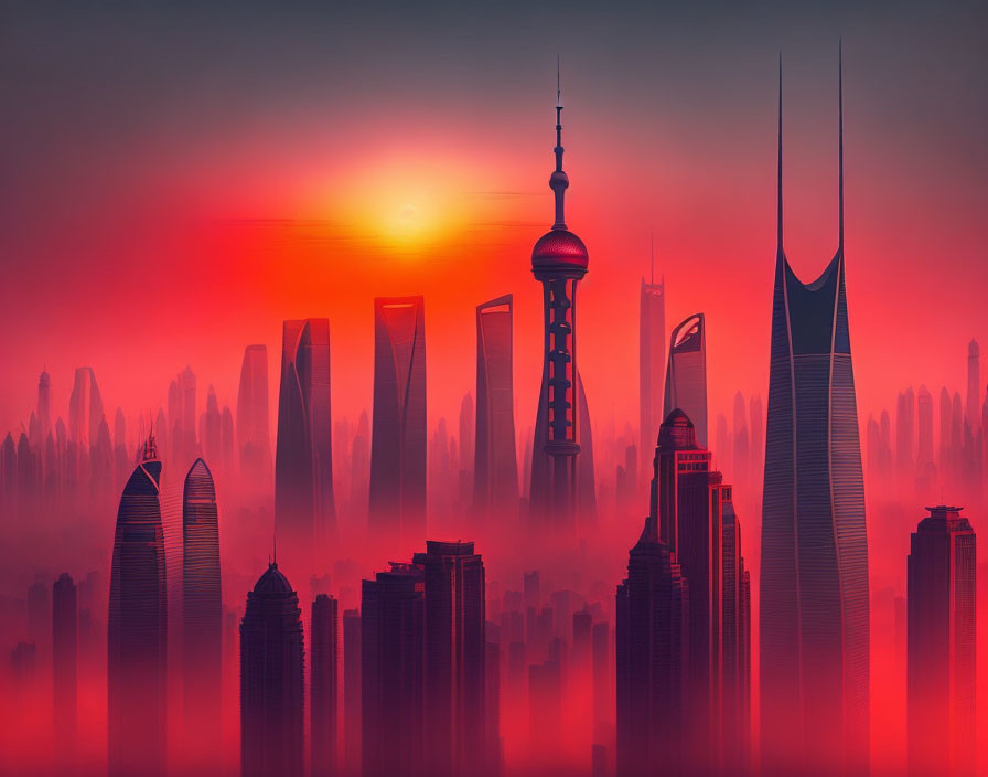 Futuristic city skyline with tall skyscrapers in red sunset glow