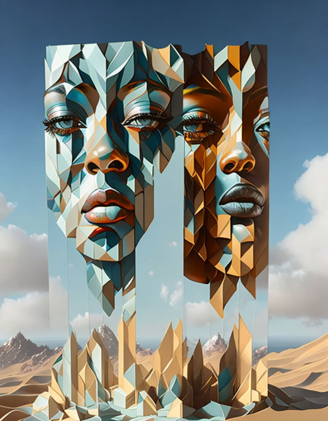 Geometric, multicolored faces against desert mountain backdrop