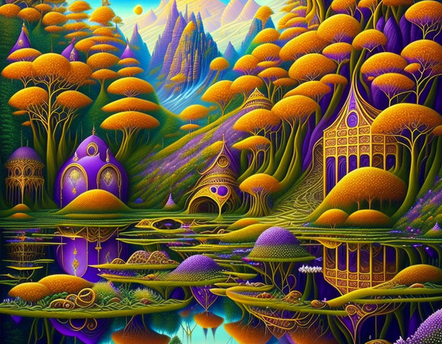 Surreal landscape with purple and golden mushroom structures in calm waters