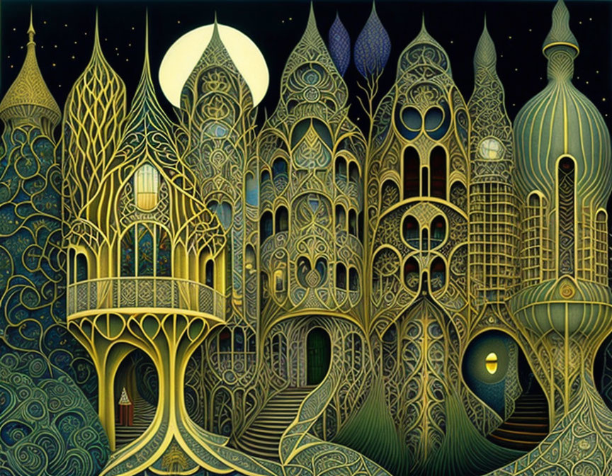 Fantastical painting of whimsical tree-like buildings against starry sky