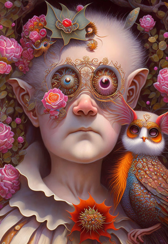 Child with elfin ears in circular glasses beside owl among flowers