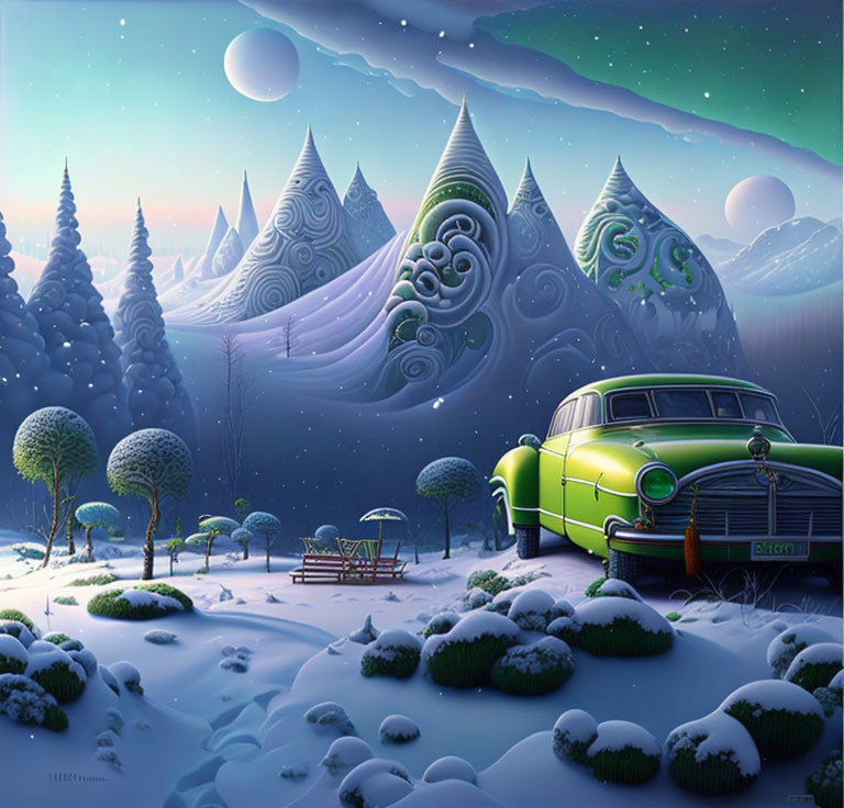 Winter scene with green car, snow, whimsical trees, hills, starry sky, two moons