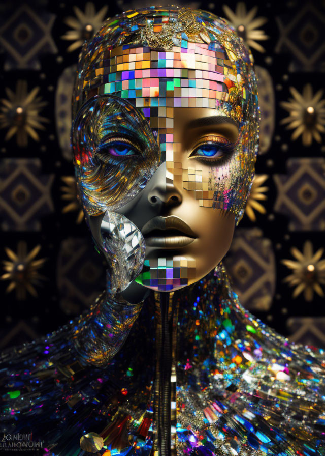 Mosaic-style female mannequin head with multicolored pattern