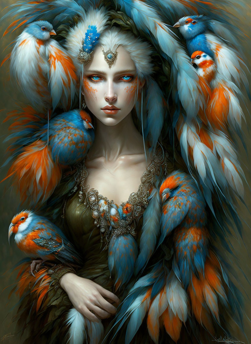 Portrait of woman with blue eyes and jewelry, surrounded by birds