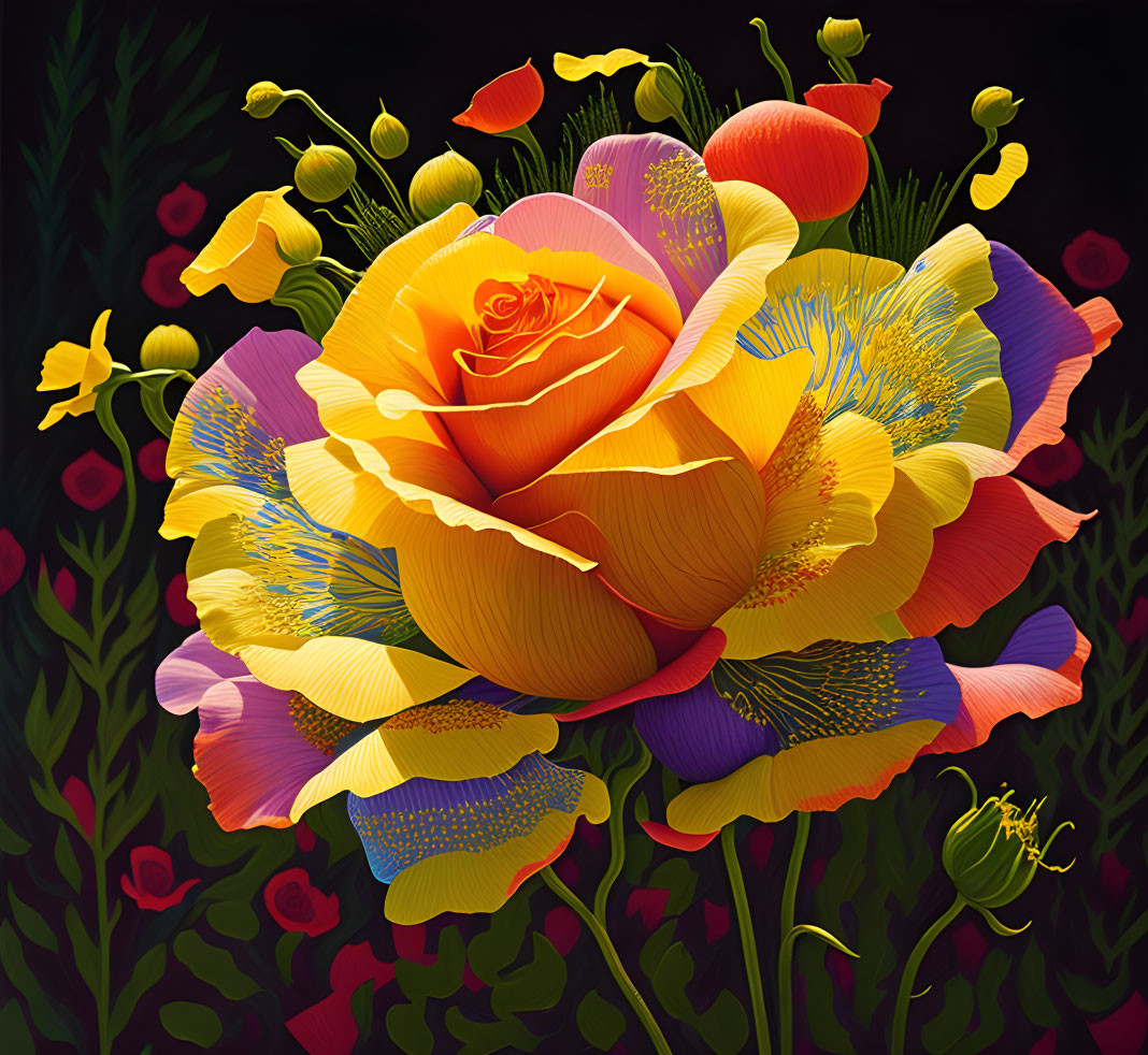 Colorful Digital Art: Large Multi-Colored Rose & Budding Flowers on Dark Background