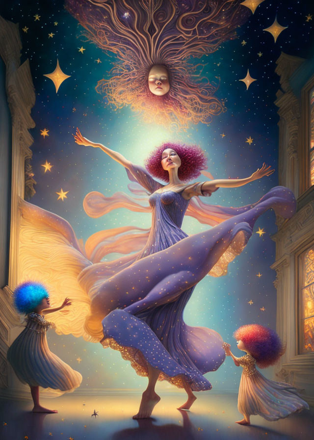 Ethereal woman dancing with whimsical creatures under cosmic sky