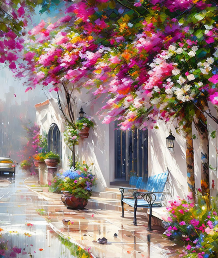 Colorful painting of charming street with blossoming trees and quaint houses