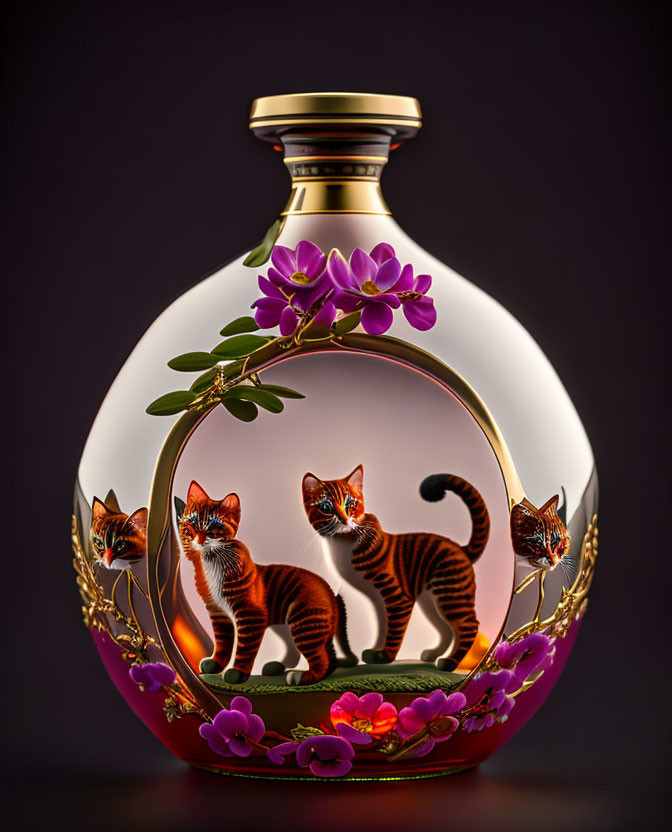 Ornate bottle with gold-rimmed circular window displaying tabby cats and flowers