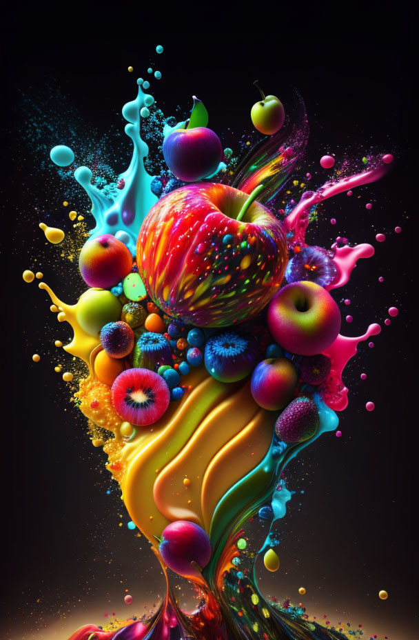 Colorful digital artwork with vibrant liquid streams and floating fruits