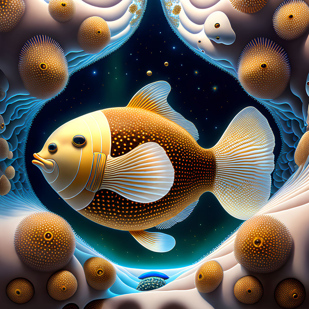 Surreal illustration of large patterned fish in cosmic ocean theme