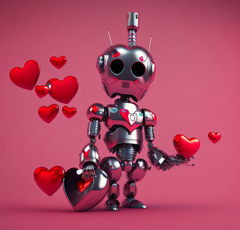 Shiny robot with heart motifs on pink background and floating red hearts