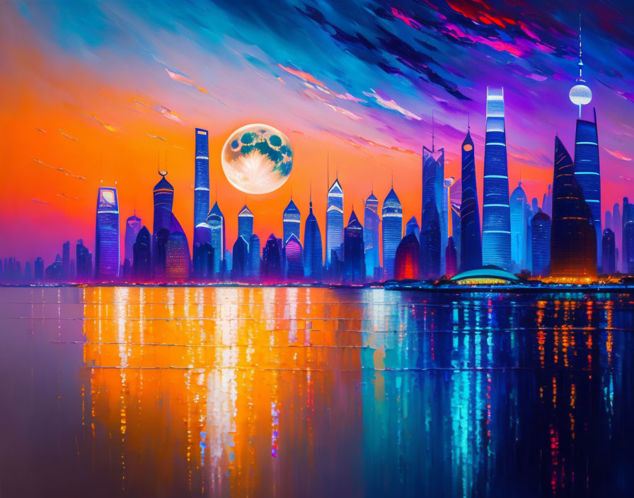 Colorful cityscape under sunset sky with moon and skyscrapers' reflections