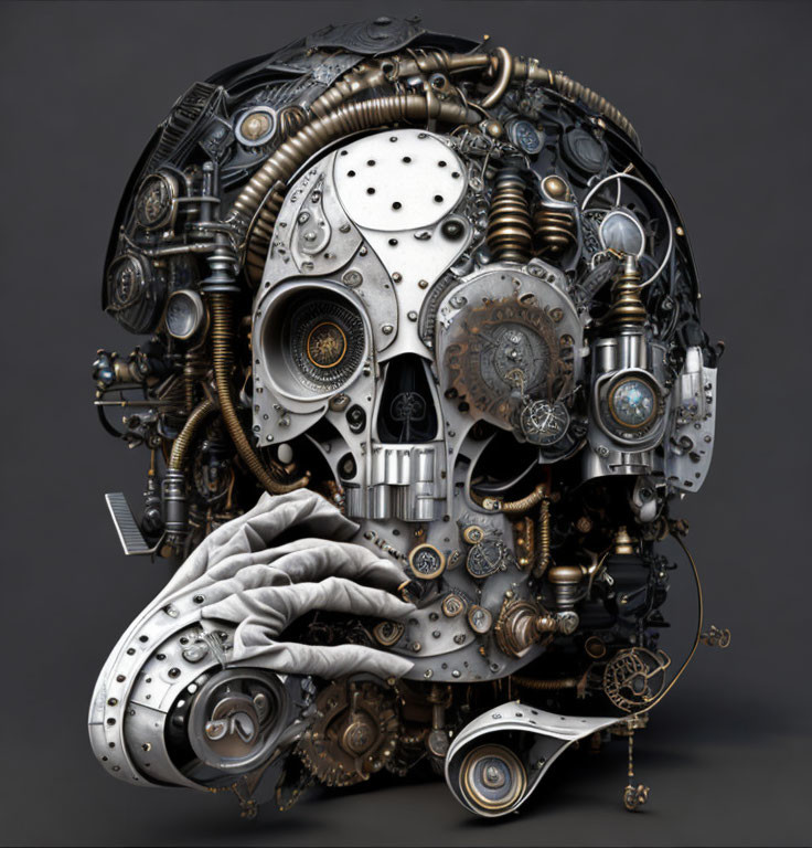 Detailed Steampunk Mechanical Skull Illustration on Dark Background