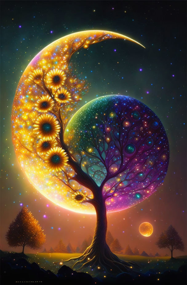 Colorful artwork: Crescent moon, tree, sunflowers, stars, small tree.