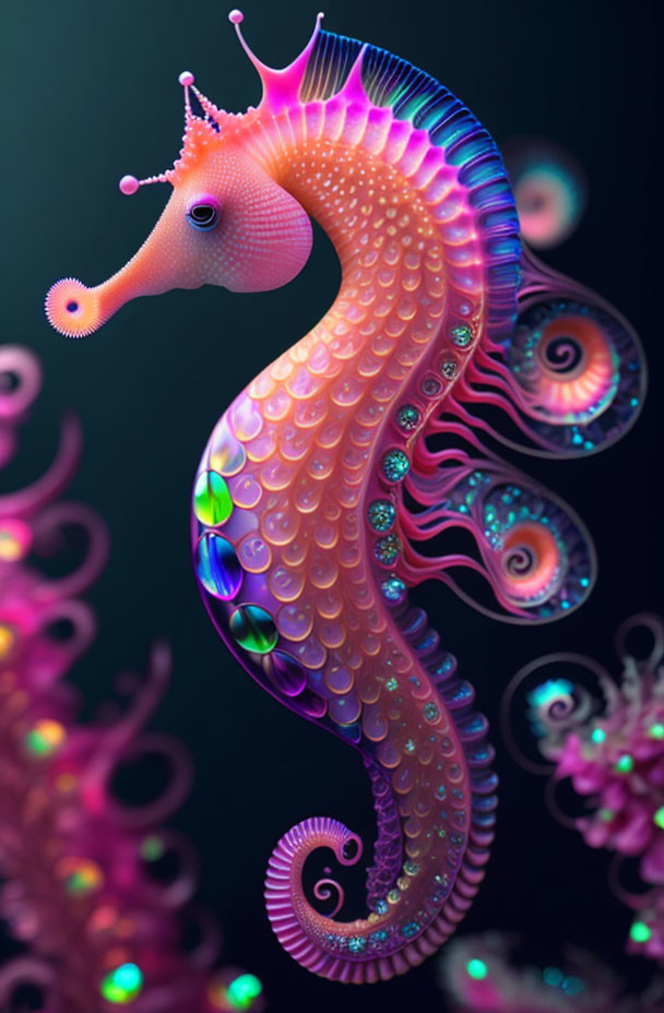 Vibrant seahorse illustration with whimsical features