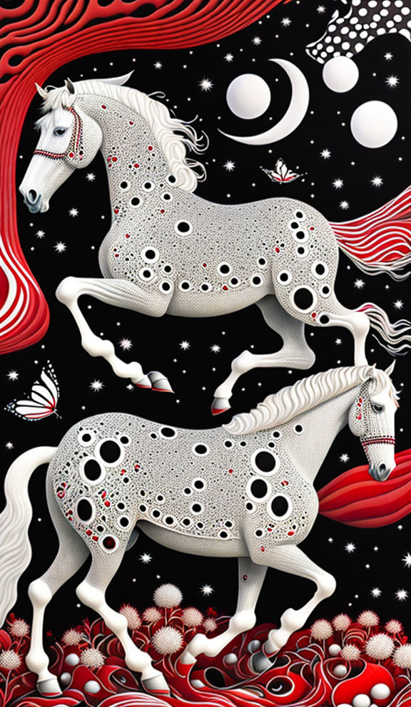 Stylized white horses with intricate patterns on red and black background