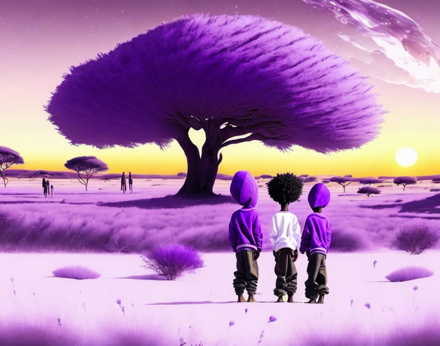 Three People in Purple Hoodies by Large Tree in Surreal Landscape