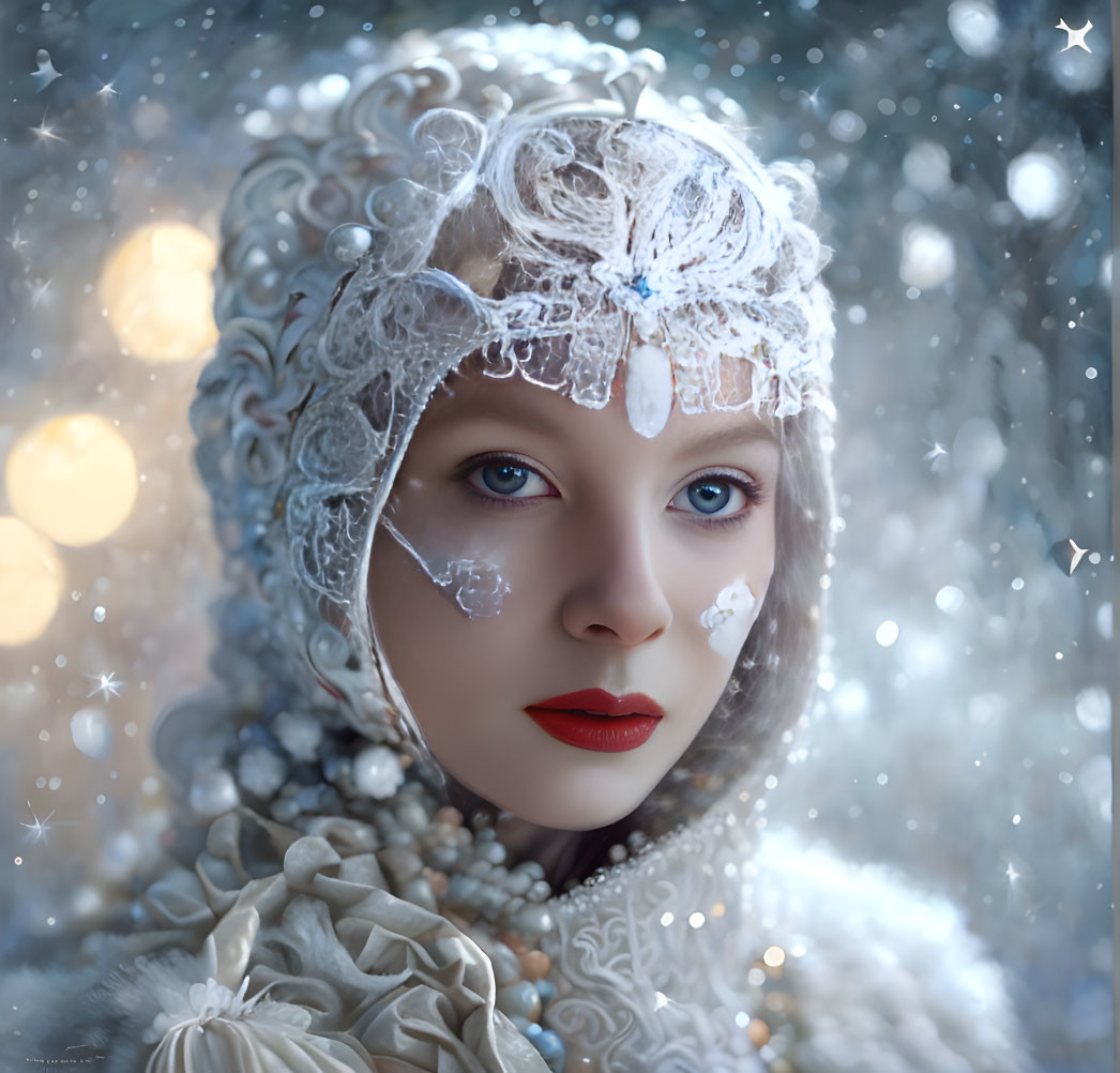 Portrait of woman with icy features in white lace headpiece against wintry background